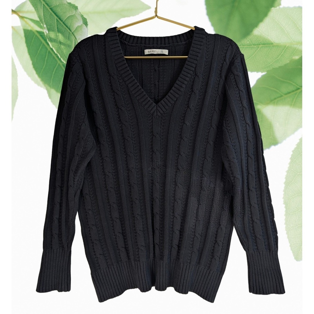 Cable Knit V Neck 100% Cotton Sweater Women's (smaller) XL deep black Old‎ Navy